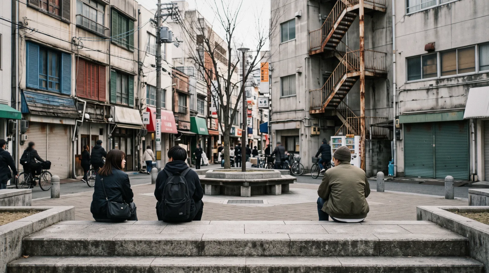 Vintage clothing racks and hand-painted signage on a narrow street in Amerikamura on a bright afternoon, Osaka Japan