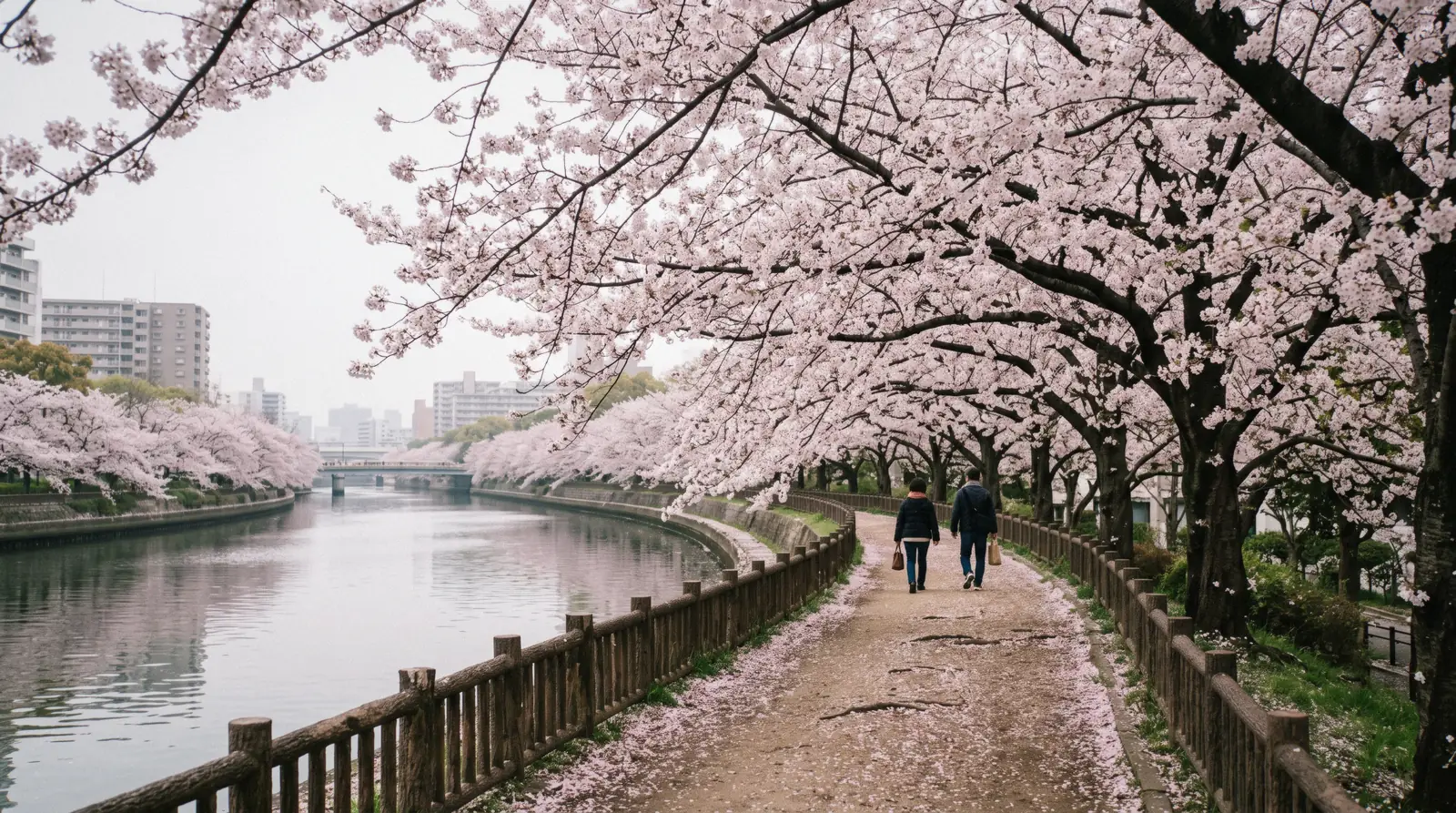 Cherry trees in full bloom along the moat below the castle keep in early April, the best time to visit Osaka Japan