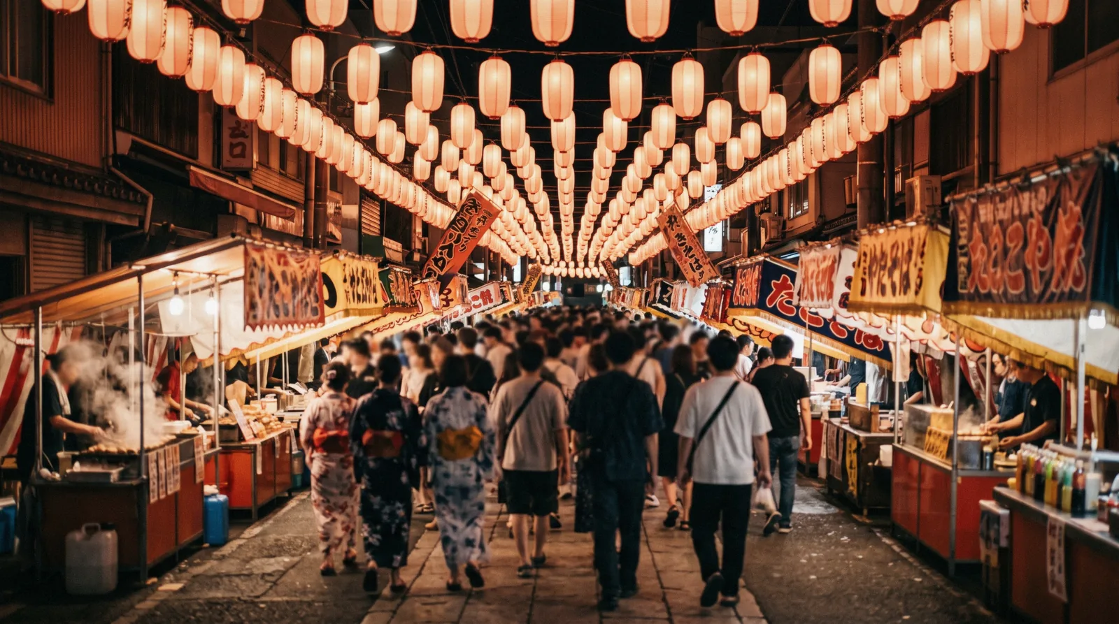 A lantern-hung portable shrine carried through a crowded evening street during one of the summer Osaka festivals in Japan