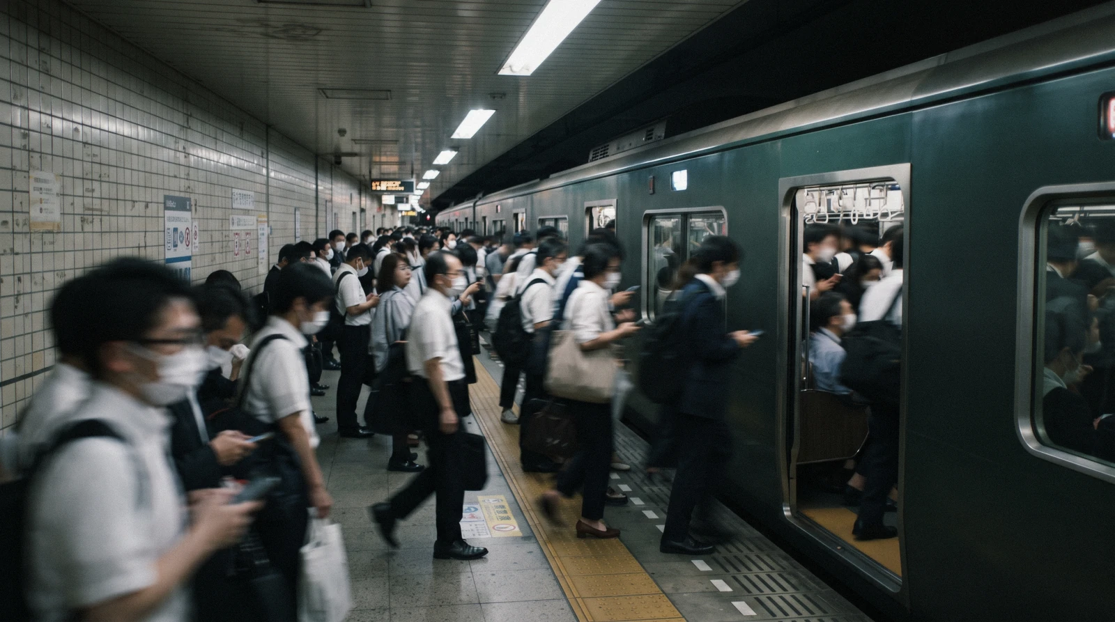 A red Midosuji Line train at a platform behind platform screen doors while commuters board, getting around Osaka Japan
