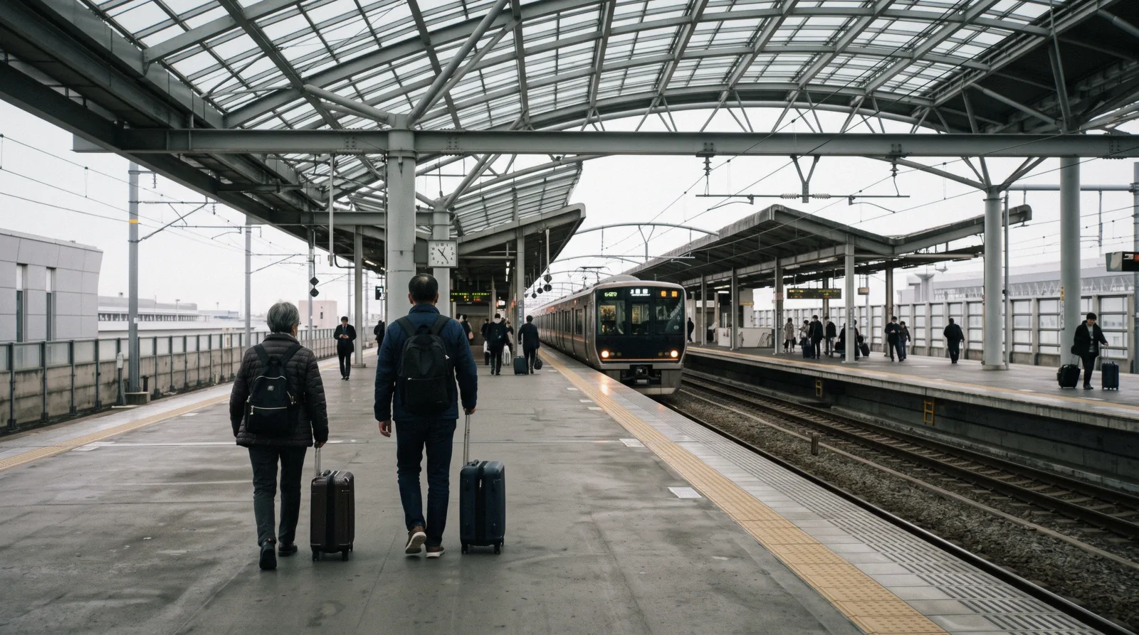 A blue Nankai Rapi:t train waiting at the airport station platform with arriving passengers and suitcases, Kansai airport to Osaka Japan