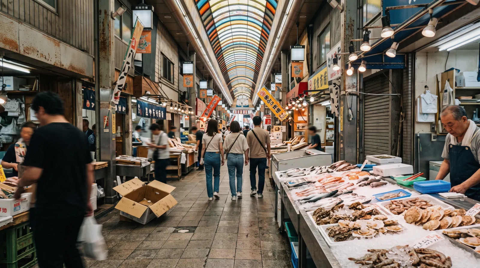 Stalls of seafood and fruit under the arcade roof of Kuromon Ichiba Market in the morning, Osaka Japan