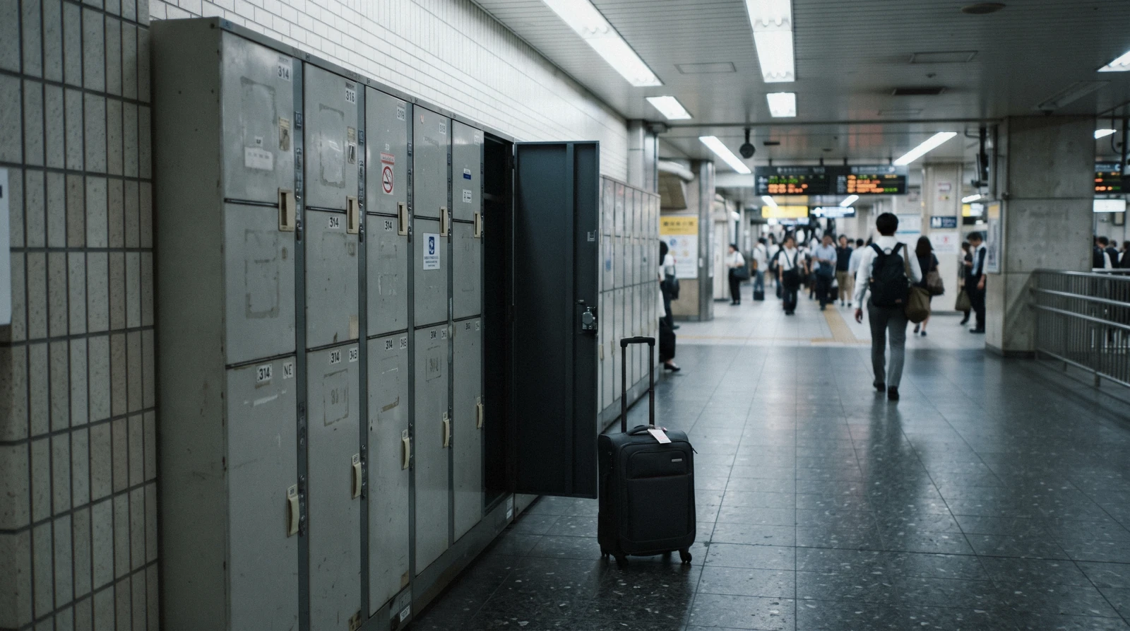 A bank of coin lockers on a station concourse with a traveller lifting in a case, luggage storage in Osaka, Japan