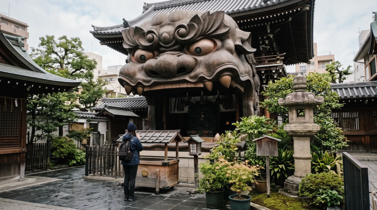 The giant lion-head stage with its open jaws facing the gravel forecourt at Namba Yasaka Shrine, Osaka Japan