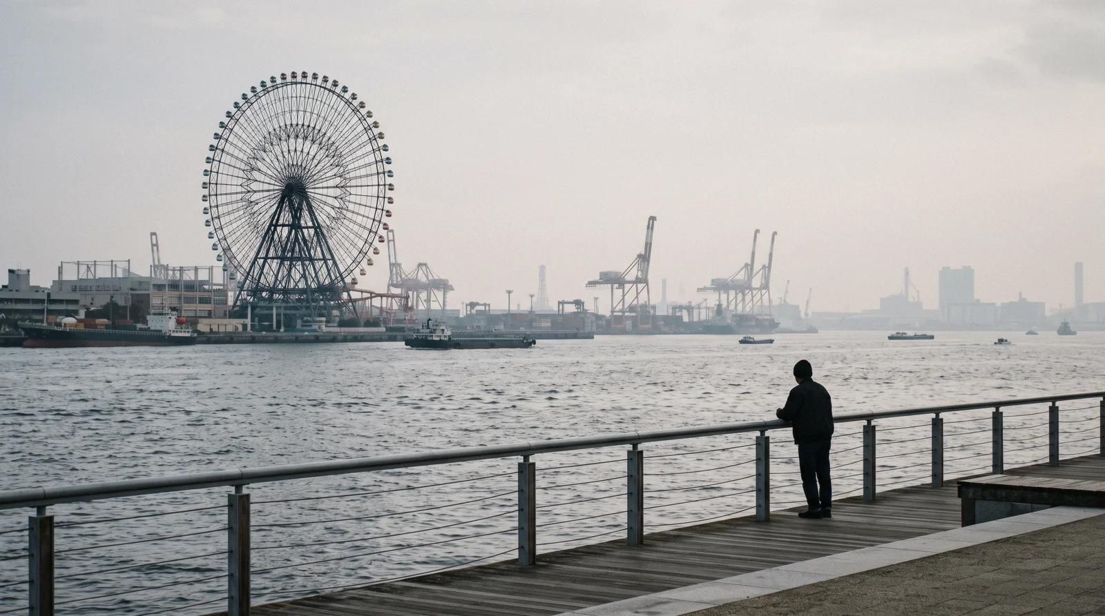The harbour at Tempozan at 16:30 with the giant ferris wheel above the quay and a ferry crossing, Osaka Bay Japan