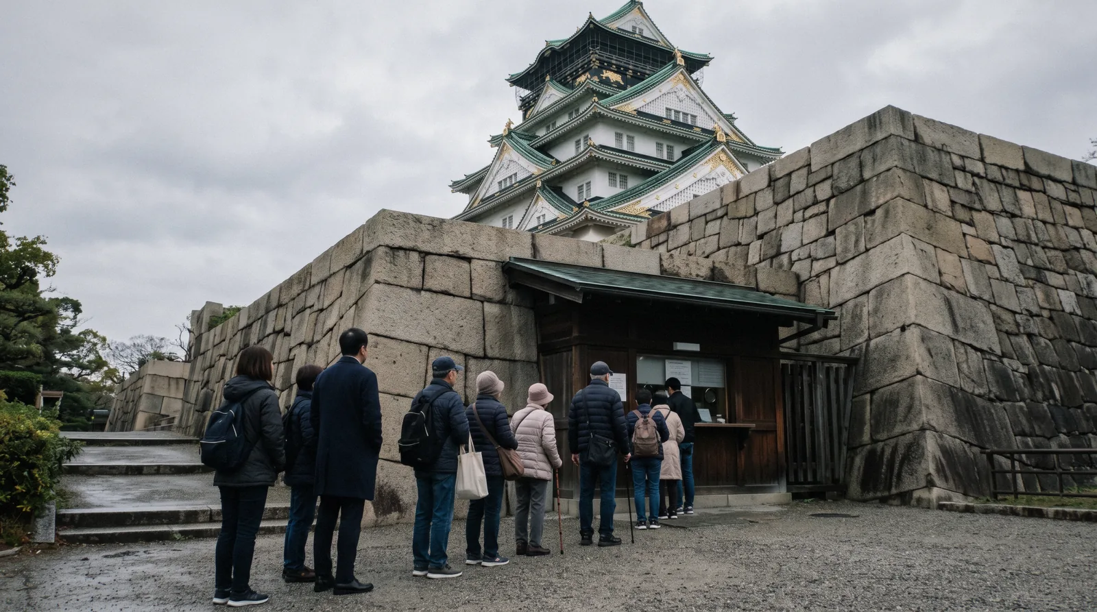 Visitors at the ticket window below the keep with the entrance gate behind, Osaka Castle tickets Osaka Japan