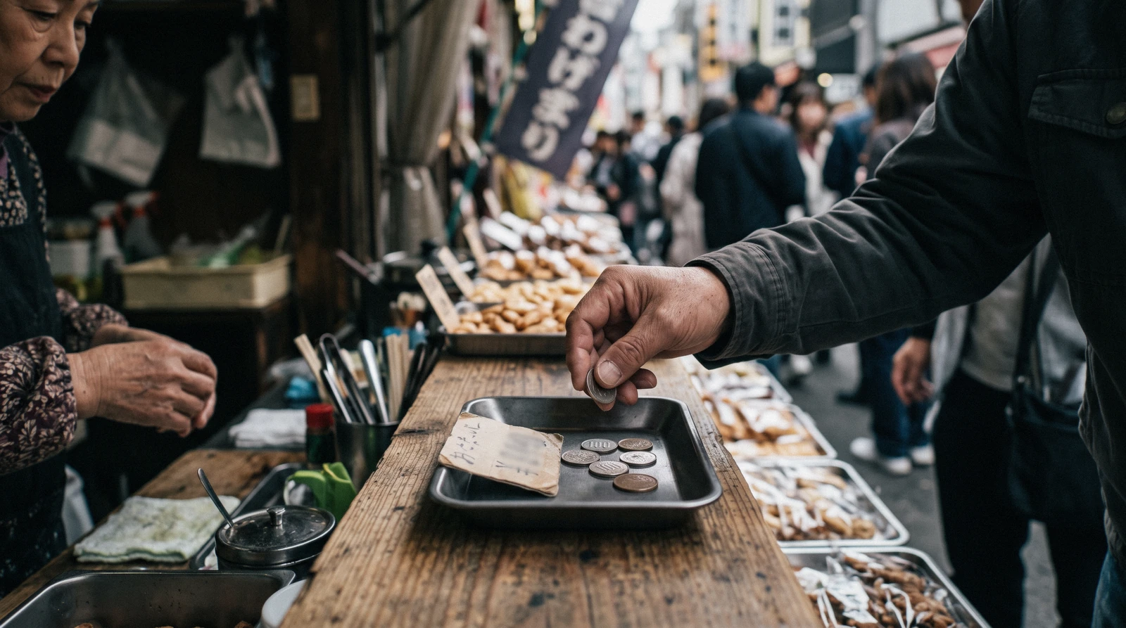 Cash and coins beside a tray of street-food skewers at a market counter, what Osaka costs a day, Japan