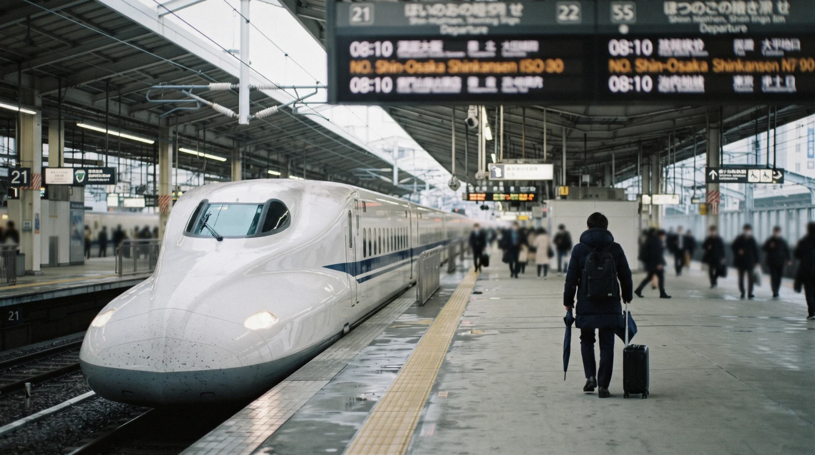 A shinkansen platform departure board and a bowl of Osaka street food side by side, the Osaka vs Tokyo decision for a Japan trip