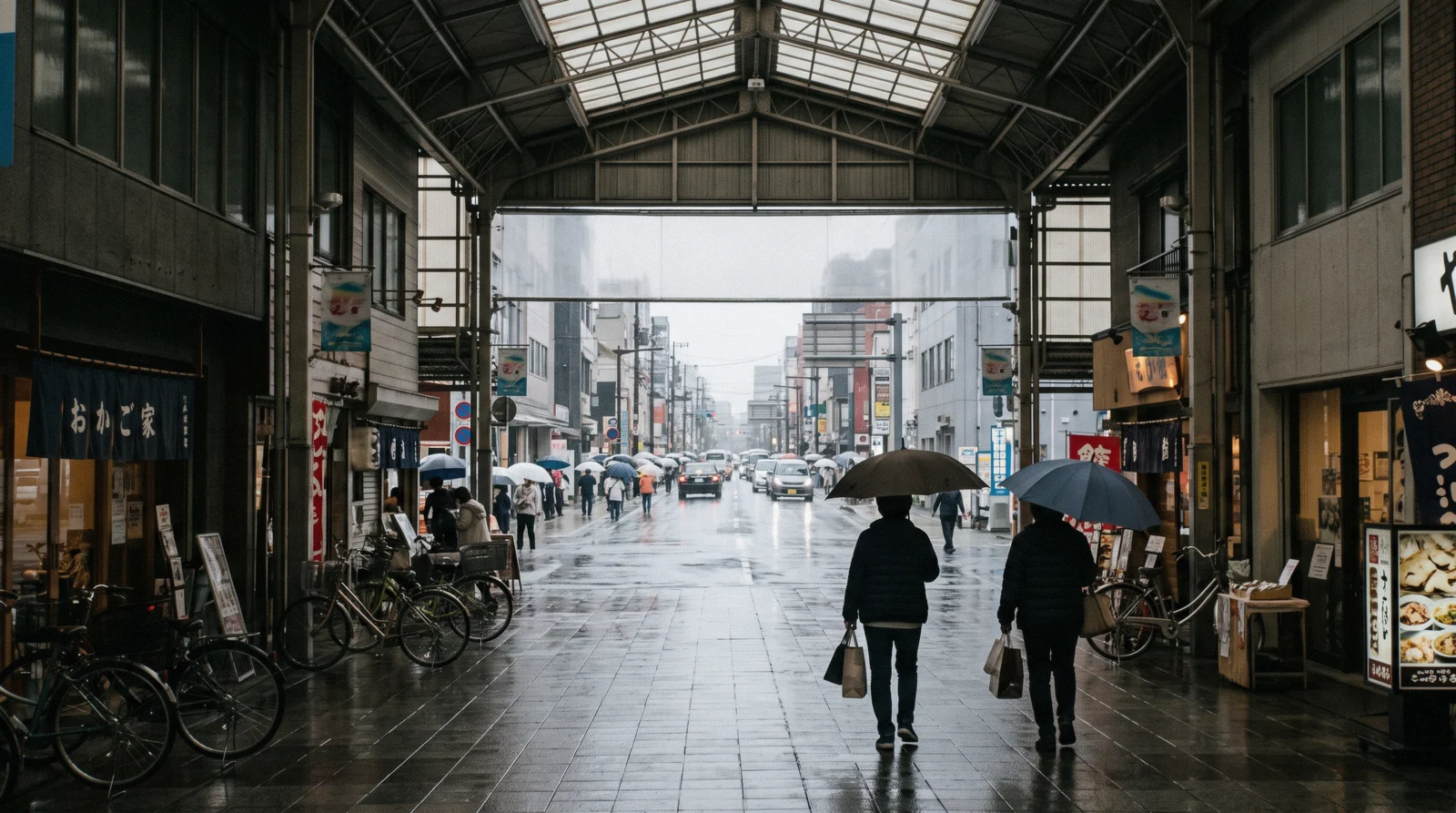 Umbrellas under the roofed Shinsaibashi-suji arcade during a downpour, a rainy day in Osaka, Japan