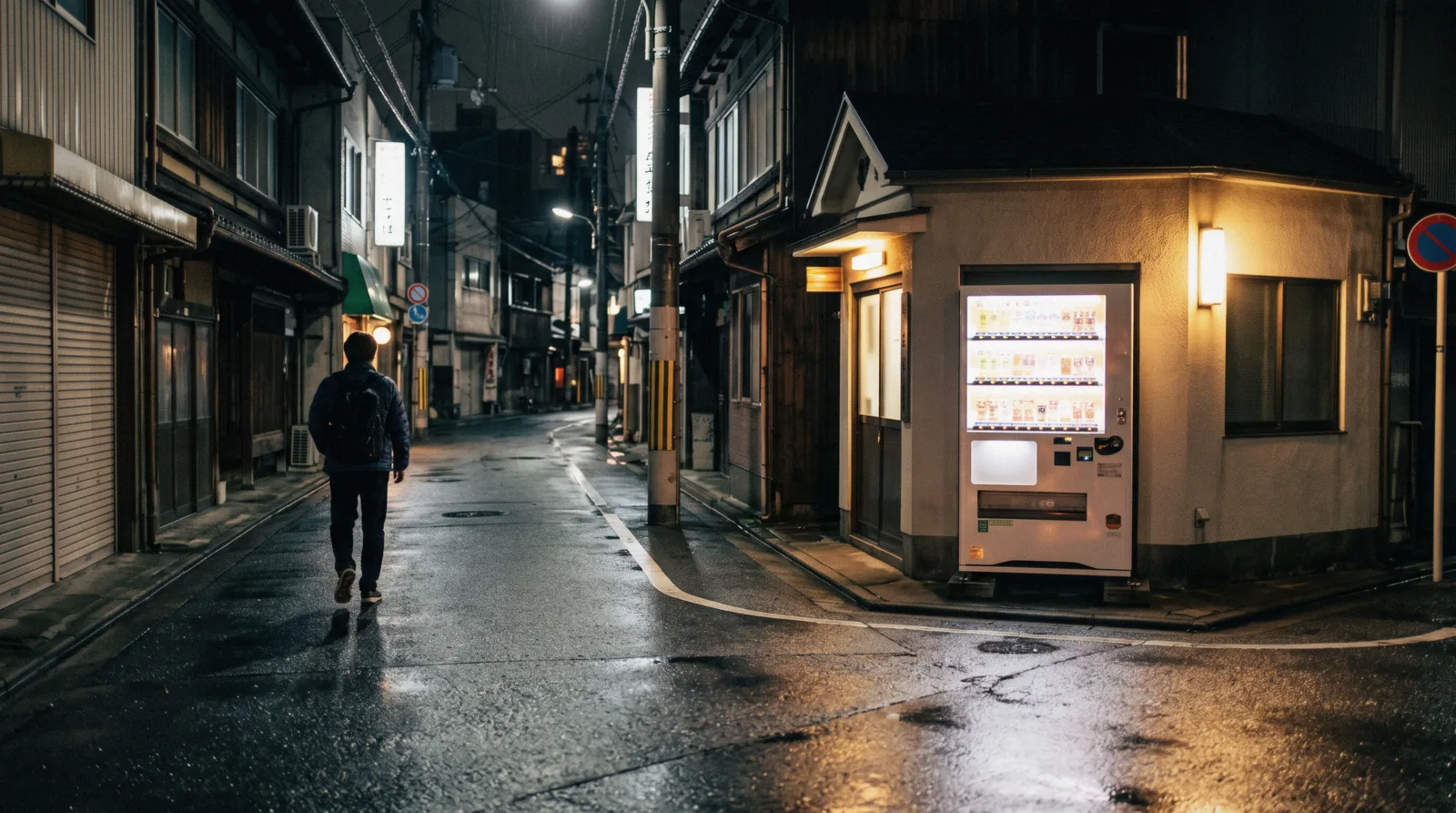 A quiet lit crossing under the neon of a nightlife street after midnight, a page about Osaka safety for visitors, Japan