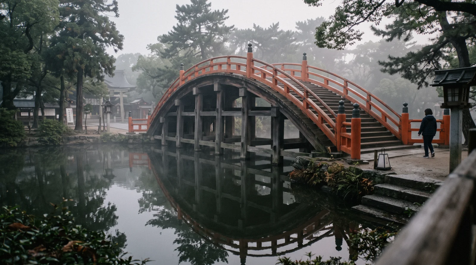 The vermilion Sorihashi drum bridge arching over the pond at the western entrance to Sumiyoshi Taisha, Osaka Japan