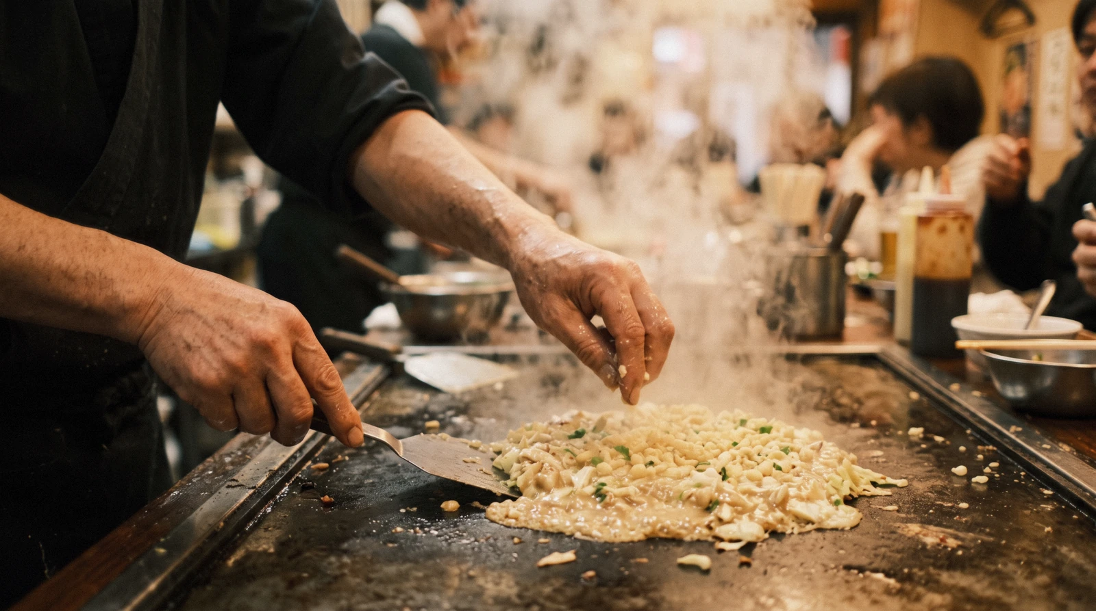 A vendor turning takoyaki in a cast-iron dimpled pan with a metal pick beside a hotplate of okonomiyaki on an Osaka street counter at night
