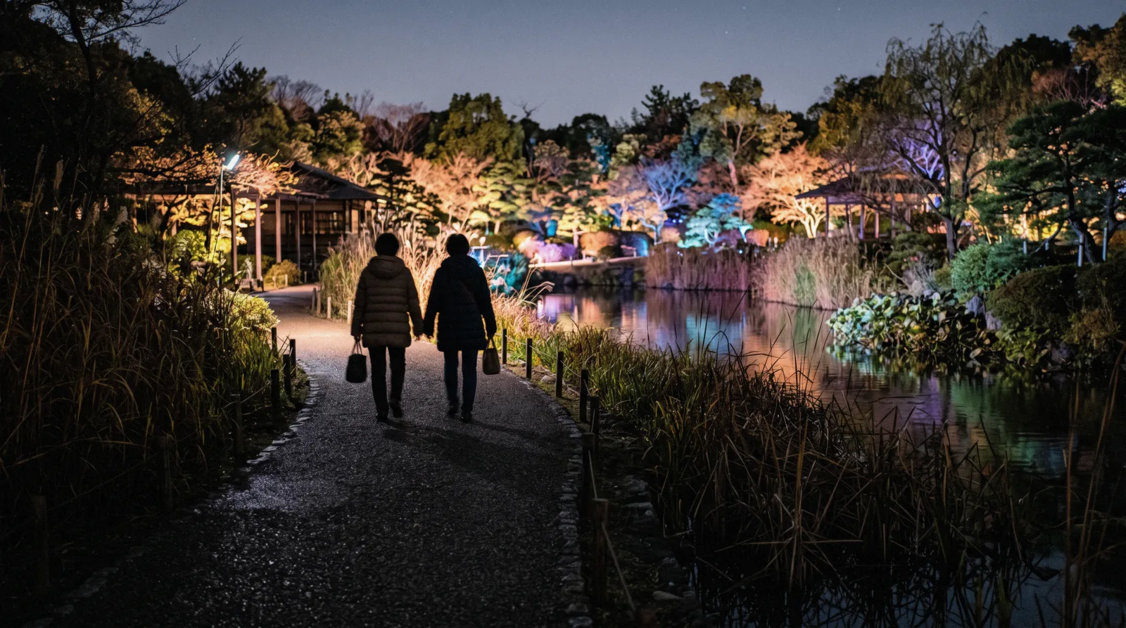 Glowing egg-shaped Ovoid lights standing among dark trees at the teamLab Osaka night museum in Nagai Botanical Garden, Osaka Japan