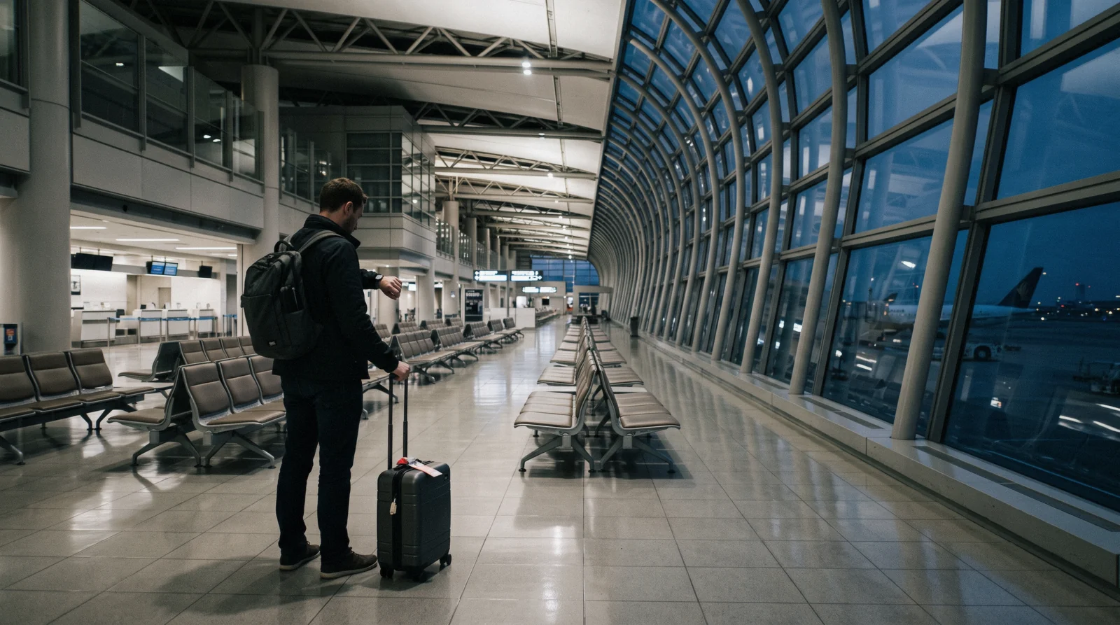 A traveller with a cabin bag on the platform at Kansai Airport station watching an airport train arrive during a Kansai airport layover