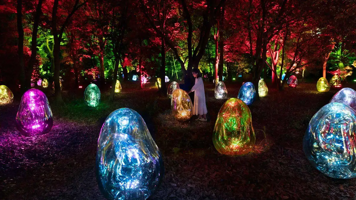 Glowing ovoid lights among the trees at teamLab Botanical Garden on an entry ticket, Osaka Japan