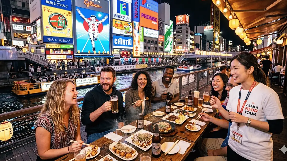 Small plates and a sake glass on a bar counter on a guided Osaka food tour with 12 dishes, Osaka Japan