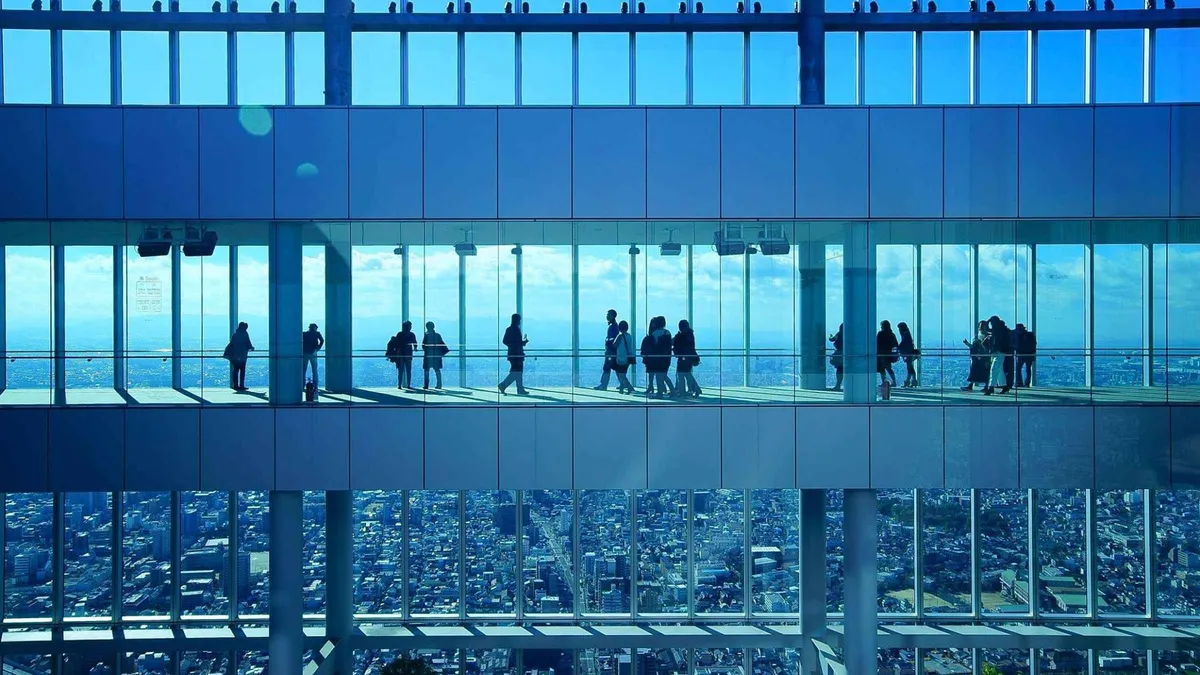 Glass observation deck 300 metres above the city at Abeno Harukas on a panoramic observatory e-ticket, Osaka Japan
