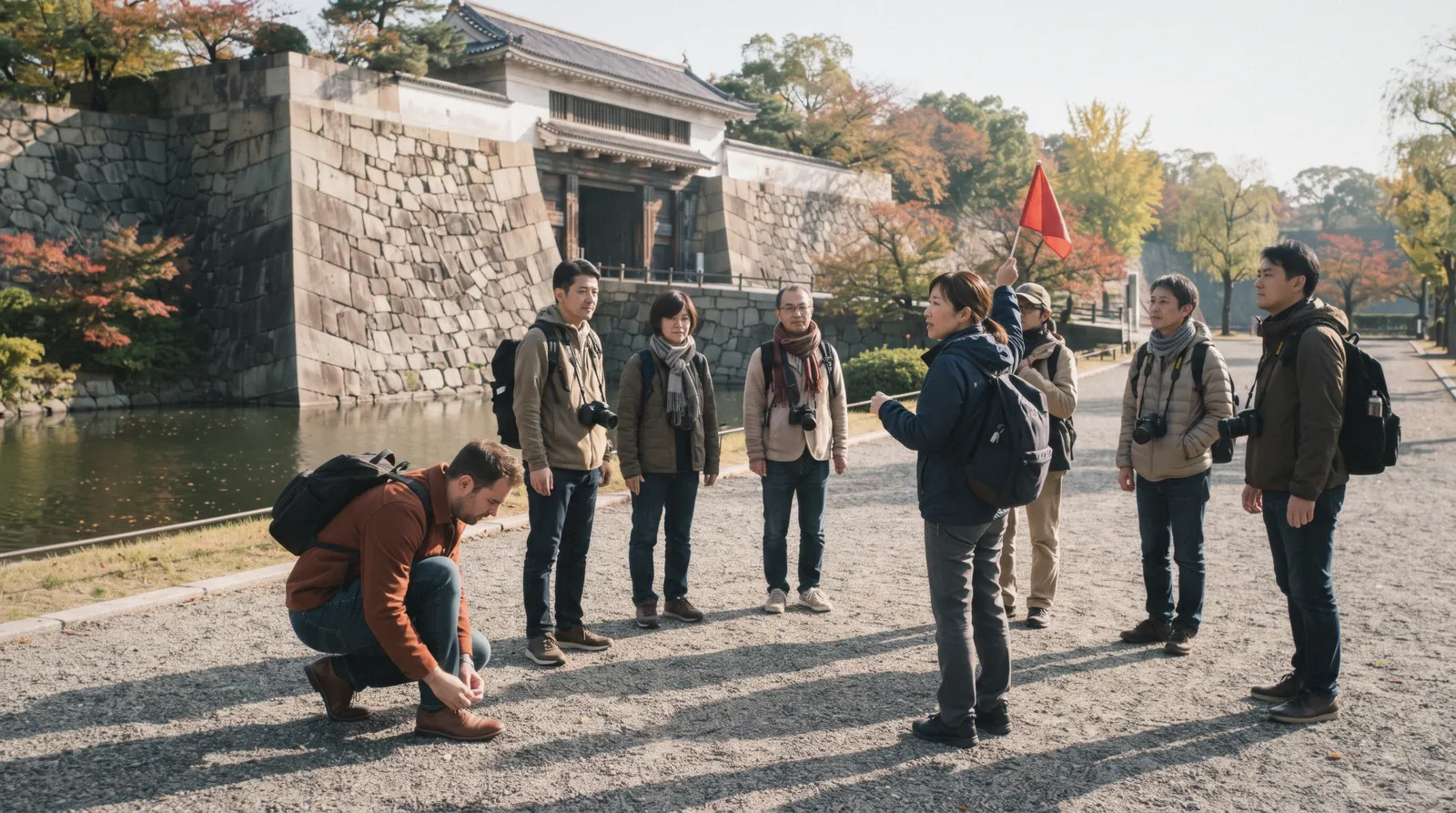A guide with a raised flag briefing a small group below the granite wall of Osaka Castle, one of the Osaka tours compared on this page