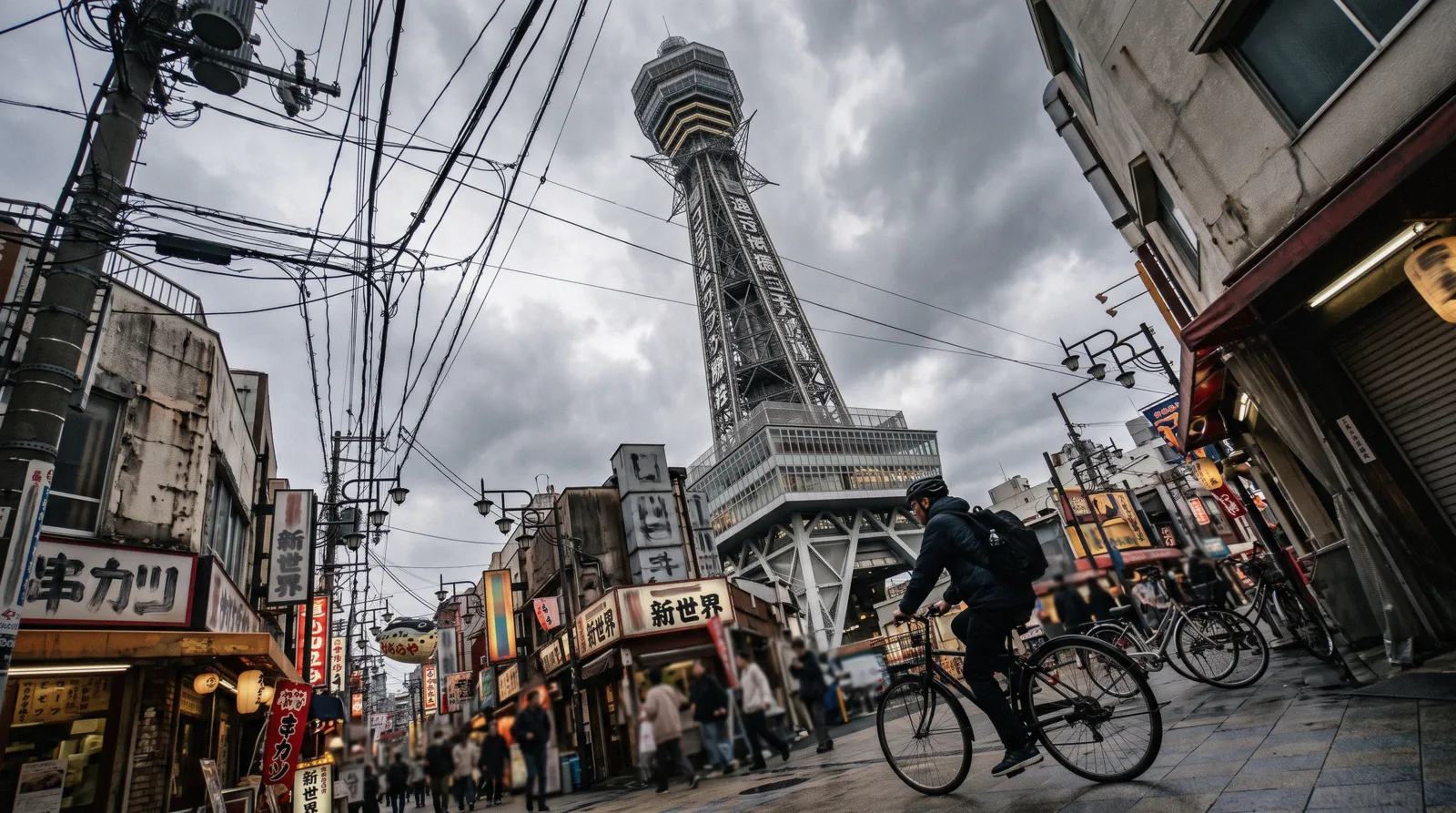 The lit steel tower of Tsutenkaku standing over the Shinsekai streets after dark, Osaka Japan