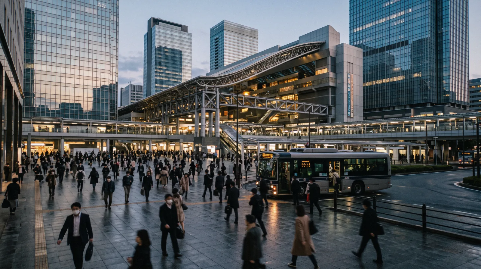 The elevated walkway between Osaka Station and the Hankyu terminal at dusk with commuters crossing, Umeda Osaka Japan