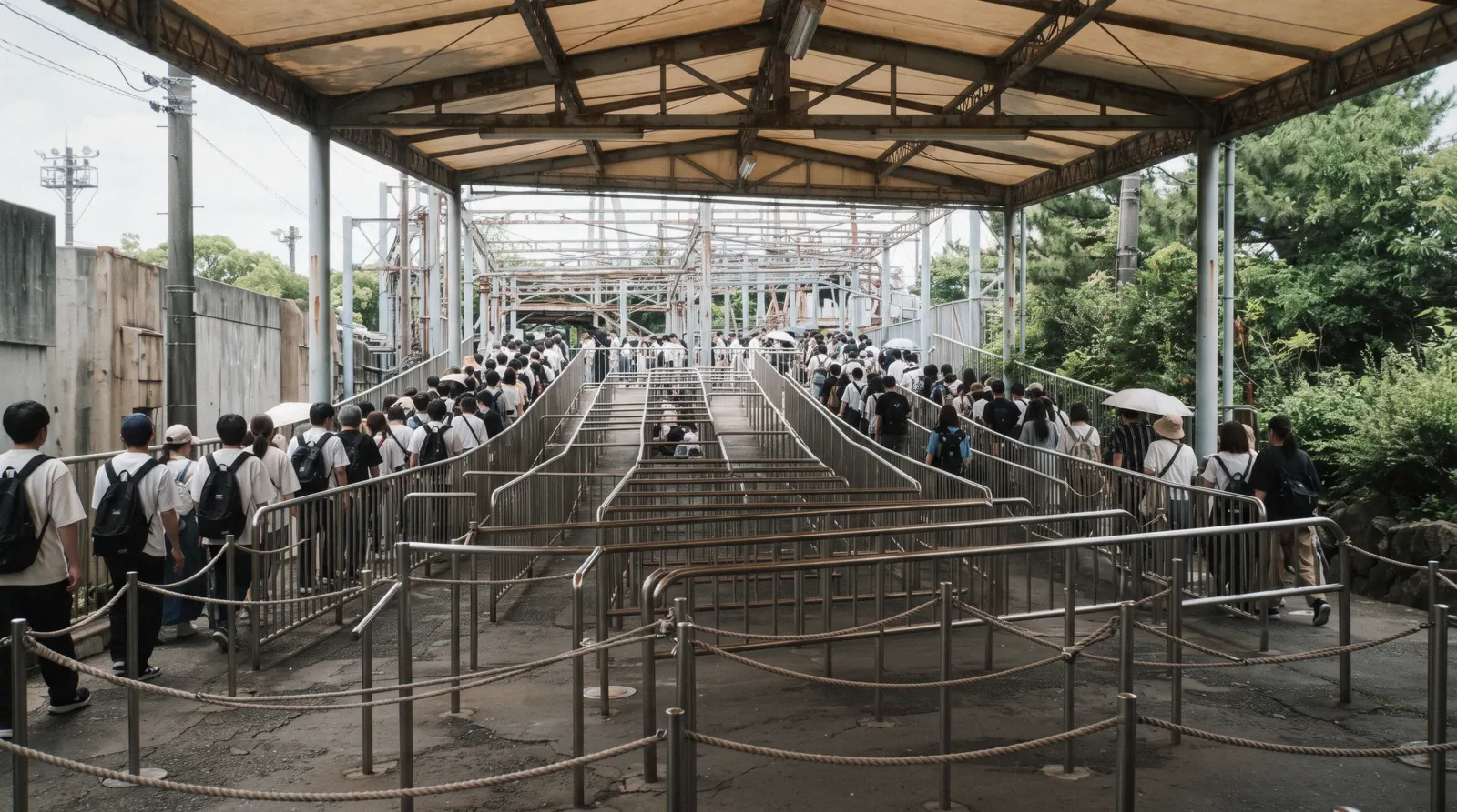 A phone showing a queue-cut e-ticket held up beside a ride entrance queue, the USJ Express Pass decision at Universal Studios Japan in Osaka