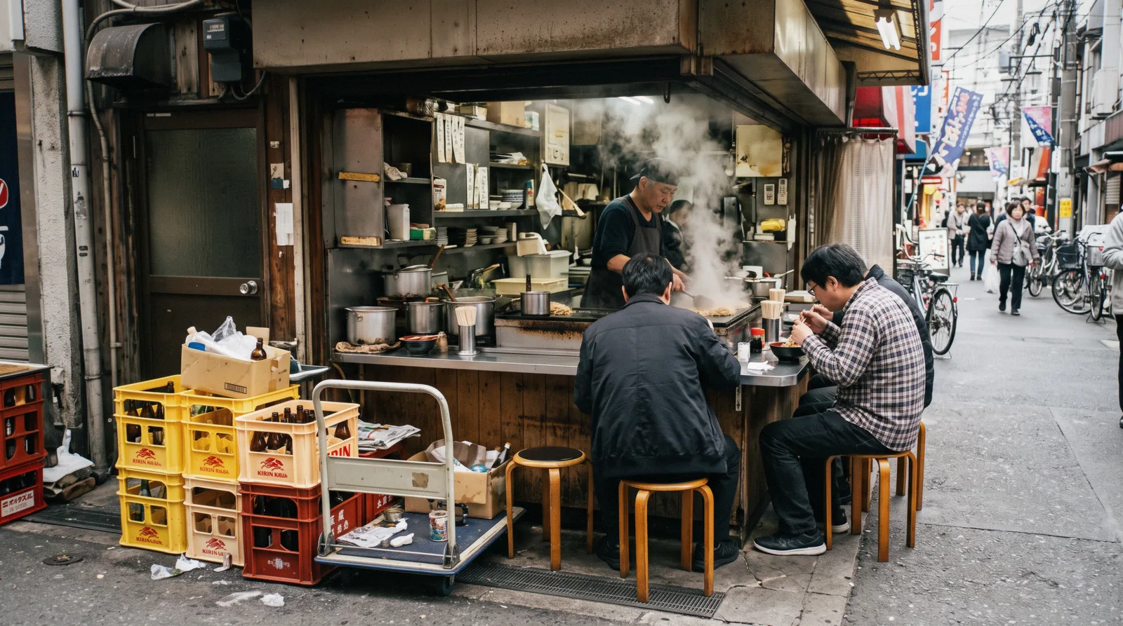 A street griddle of takoyaki being turned with picks under a shop lantern at night, Osaka food in the Minami district